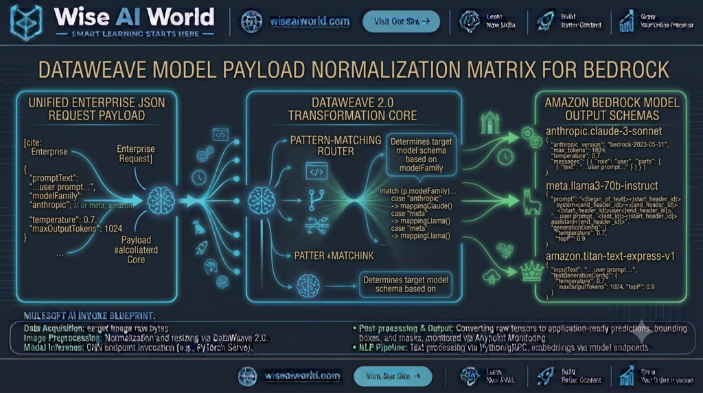 DataWeave 2.0 mapping diagram converting generic enterprise JSON to model-specific Amazon Bedrock request contracts by Wise AI World