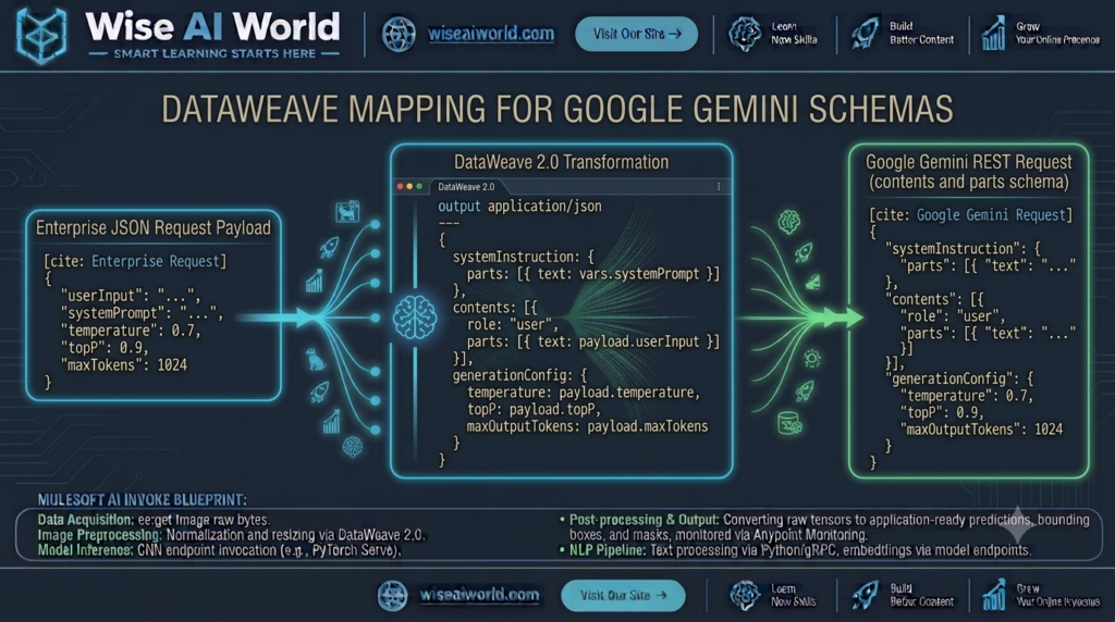 DataWeave 2.0 mapping diagram converting generic enterprise JSON to Google Gemini contents and parts schema by Wise AI World.