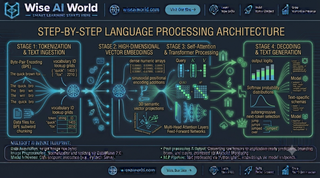 End-to-end language processing architecture diagram showing tokenization, vector embeddings, Transformer self-attention, and next-token prediction by Wise AI World.