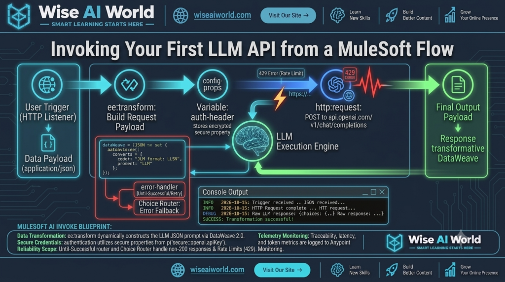 MuleSoft flow architecture diagram invoking OpenAI LLM API using HTTP Request connector and DataWeave transformation by Wise AI World.