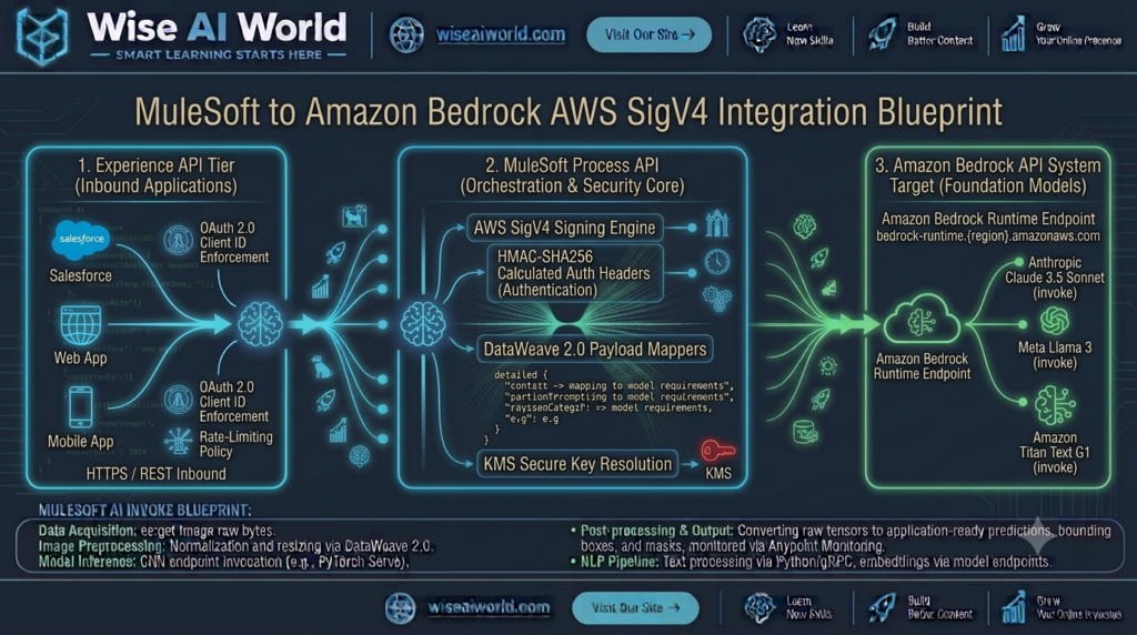 Architectural workflow diagram showing MuleSoft connecting to Amazon Bedrock API using AWS Signature Version 4 authentication by Wise AI World.