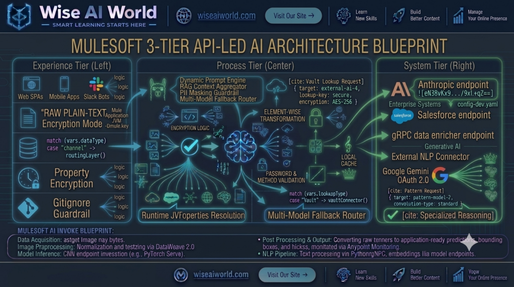 Enterprise 3-tier API-led connectivity architecture diagram for AI-powered microservices in MuleSoft by Wise AI World.