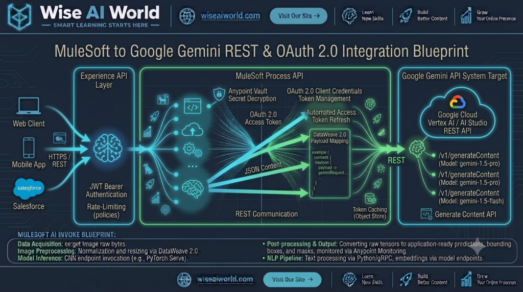 Architectural workflow diagram showing MuleSoft connecting to Google Gemini API via REST and OAuth 2.0 authentication by Wise AI World.