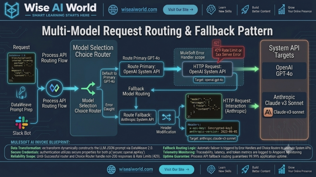 Flowchart diagram showing choice routers and fallback logic for multi-model LLM routing in MuleSoft Process APIs by Wise AI World.
