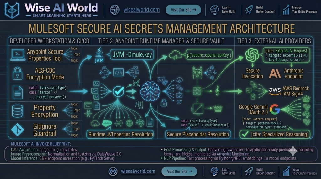Architectural workflow diagram showing secure AI API key encryption, deployment via Anypoint Runtime Manager, and runtime resolution in MuleSoft by Wise AI World