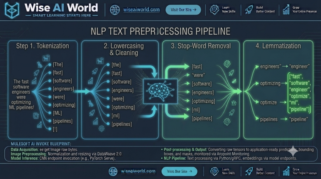 Technical diagram illustrating the sequential stages of an NLP text preprocessing pipeline, from tokenization to lemmatization, by Wise AI World.[cite: 1]