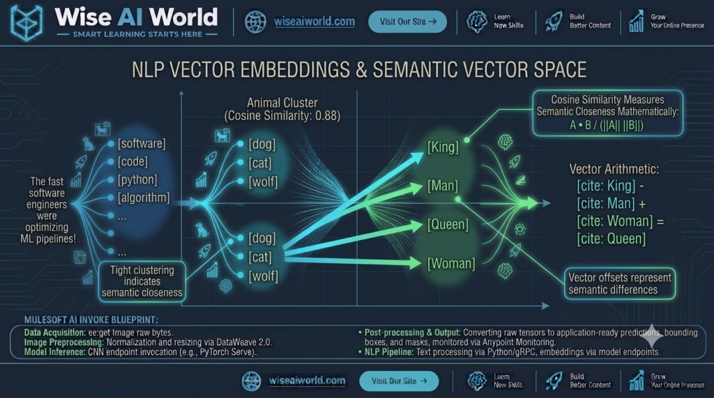 Visual representation of 2D semantic vector embeddings showing word relationships and mathematical operations in NLP by Wise AI World.