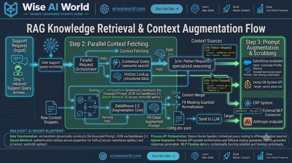 Sequence diagram illustrating Retrieval-Augmented Generation (RAG) context fetching and prompt augmentation in MuleSoft by Wise AI World.