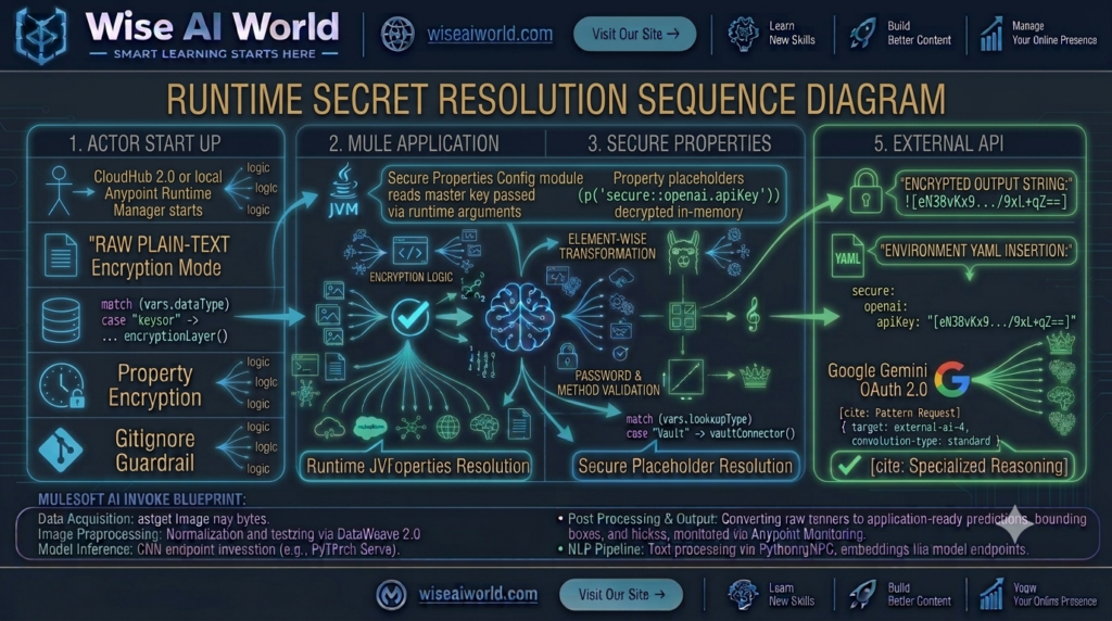 Sequence diagram illustrating runtime property decryption and secret injection into HTTP connectors inside MuleSoft by Wise AI World
