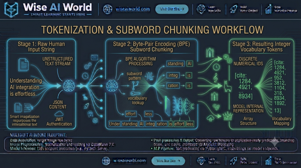 Tokenization and Byte-Pair Encoding subword chunking diagram converting raw human sentences into vocabulary token IDs by Wise AI World.