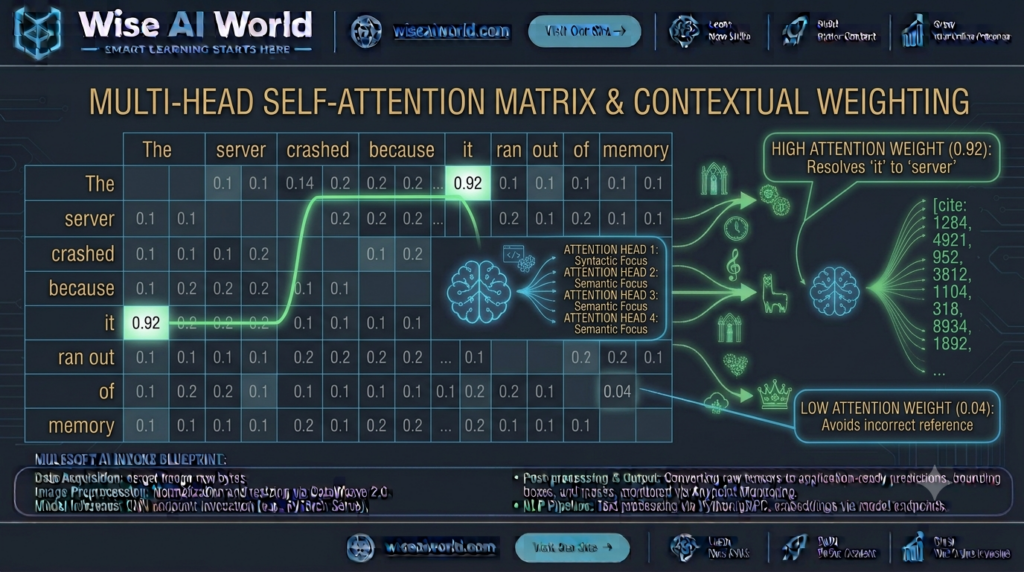 Transformer multi-head self-attention heat map diagram showing contextual word relationships in a sentence by Wise AI World.