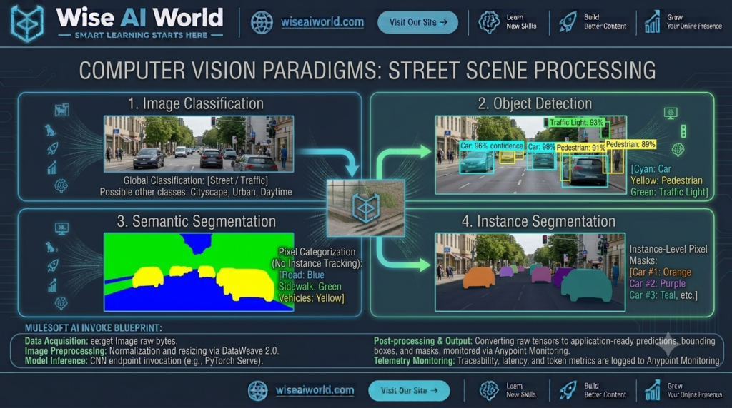 2x2 grid comparison diagram showing Image Classification, Object Detection, Semantic Segmentation, and Instance Segmentation on a street scene by Wise AI World.