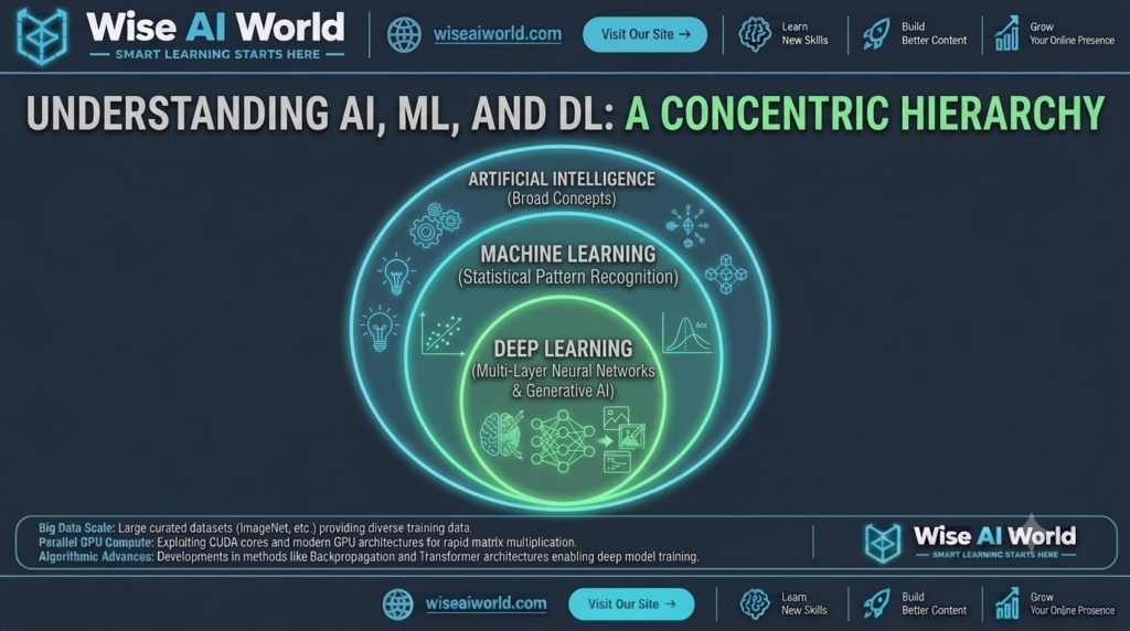 Concentric circle diagram showing the relationship between AI, Machine Learning, and Deep Learning by Wise AI World.