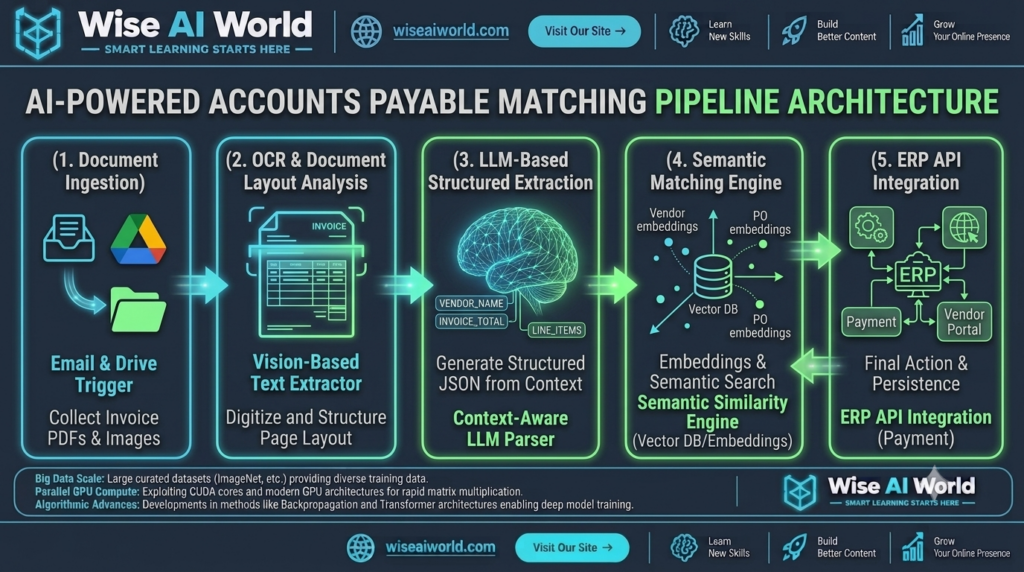 AI-powered invoice matching system architecture diagram for accounts payable by Wise AI World