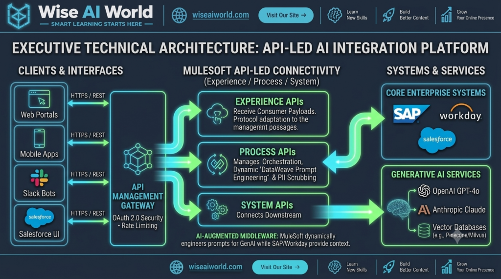 API-led AI integration platform architecture diagram showing MuleSoft middleware connecting enterprise applications with Generative AI services by Wise AI World.