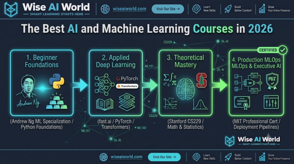 The best AI and Machine Learning courses learning roadmap diagram in 2026 by Wise AI World.