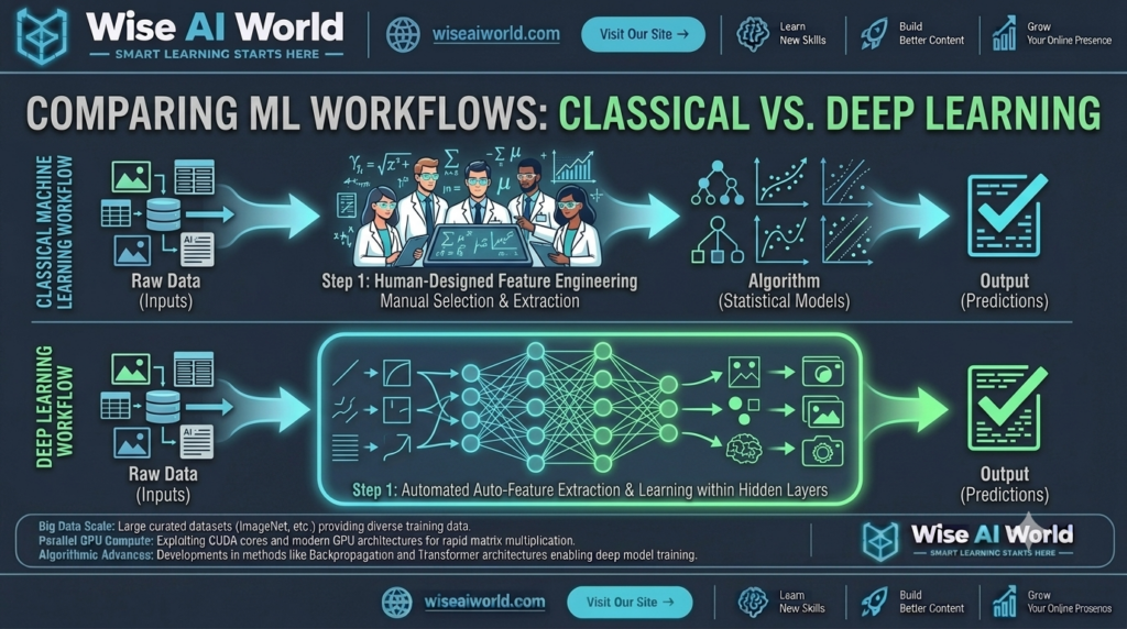 Workflow comparison of classical machine learning vs deep learning feature extraction by Wise AI World.