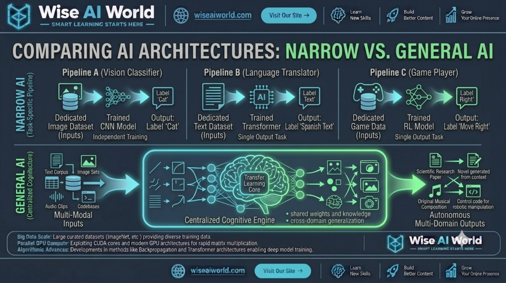 Comparison diagram of Narrow AI task pipelines vs General AI cognitive architecture by Wise AI World.