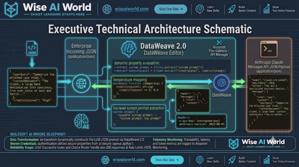 Technical mapping flowchart diagram showing DataWeave 2.0 transforming enterprise JSON payloads into Anthropic Claude Messages API structure by Wise AI World.