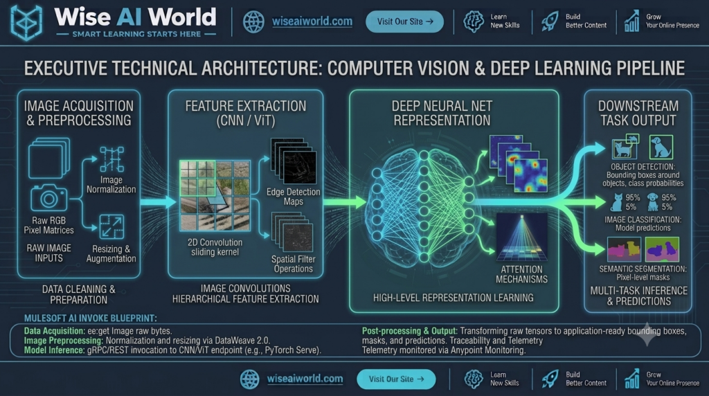 Executive technical architecture diagram of a computer vision and deep learning pipeline from image acquisition to downstream outputs by Wise AI World.