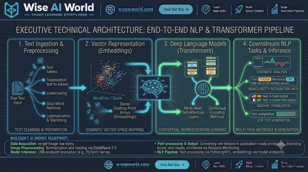 Executive technical architecture diagram of a Natural Language Processing and Transformer pipeline from text ingestion to downstream NLP tasks by Wise AI World.