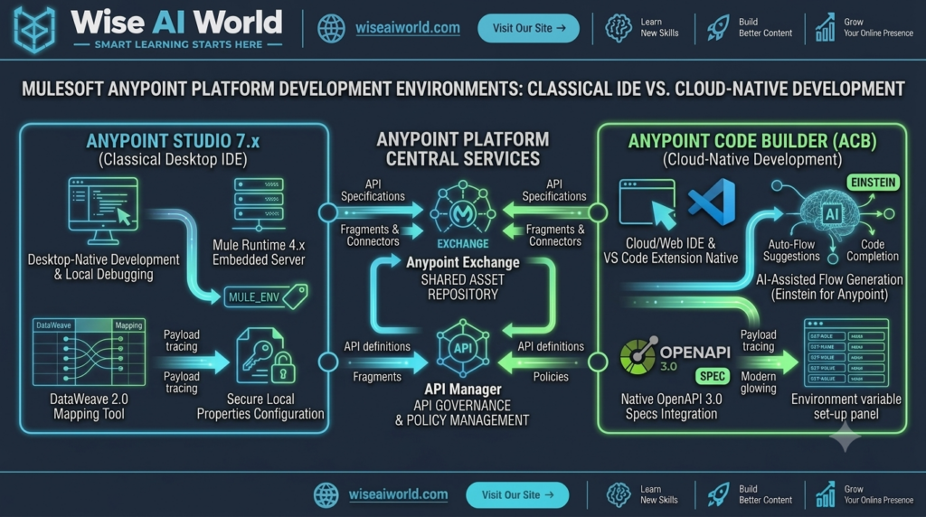 Technical diagram comparing Anypoint Studio 7.x and Anypoint Code Builder environments connected to Exchange and API Manager by Wise AI World.