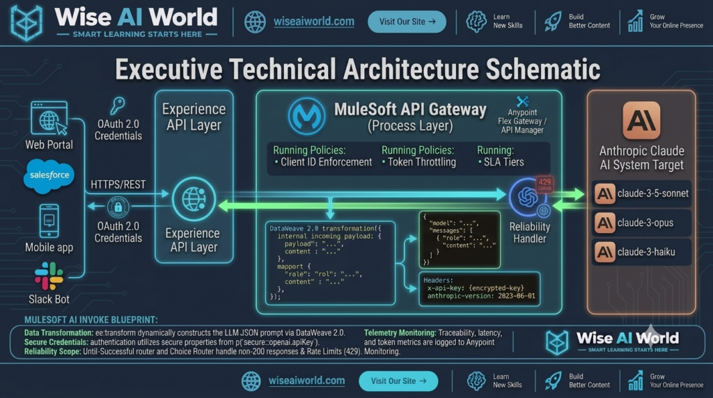 MuleSoft API Gateway integration architecture invoking Anthropic Claude Messages API using DataWeave transformation by Wise AI World.
