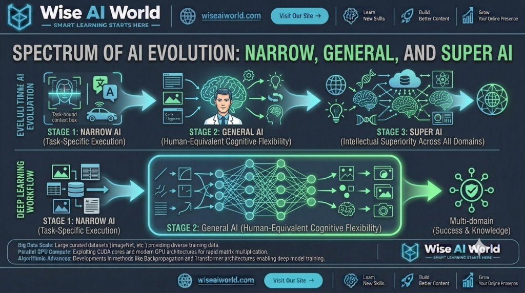 Evolutionary spectrum diagram of Narrow AI, General AI, and Super AI by Wise AI World.
