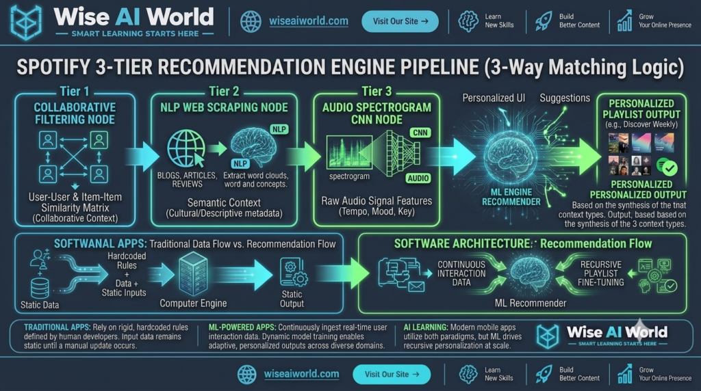 Spotify machine learning recommendation engine architecture by Wise AI World.