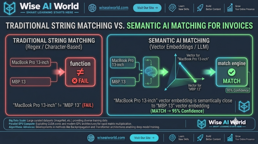 Comparison diagram of traditional string matching vs semantic AI vector matching for invoices by Wise AI World.