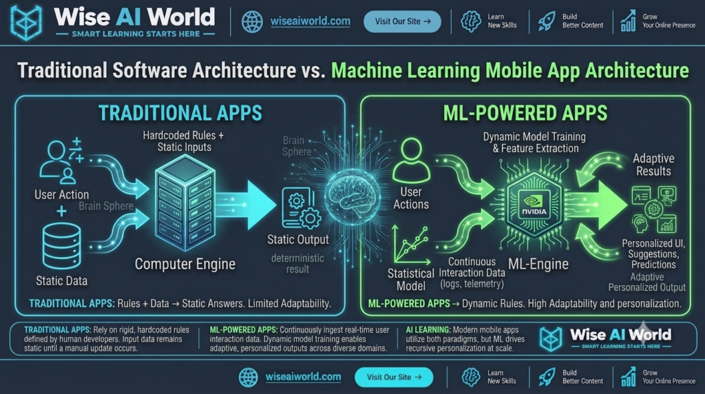 Comparison diagram of traditional software vs machine learning mobile apps by Wise AI World